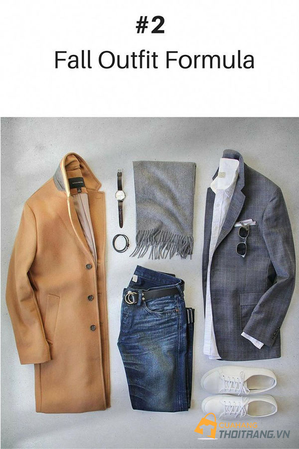 Áo khoác trend coat màu kem+ blazer xám+ áo sơ mi trắng+ quần jeans + khăn xám + giày trắng